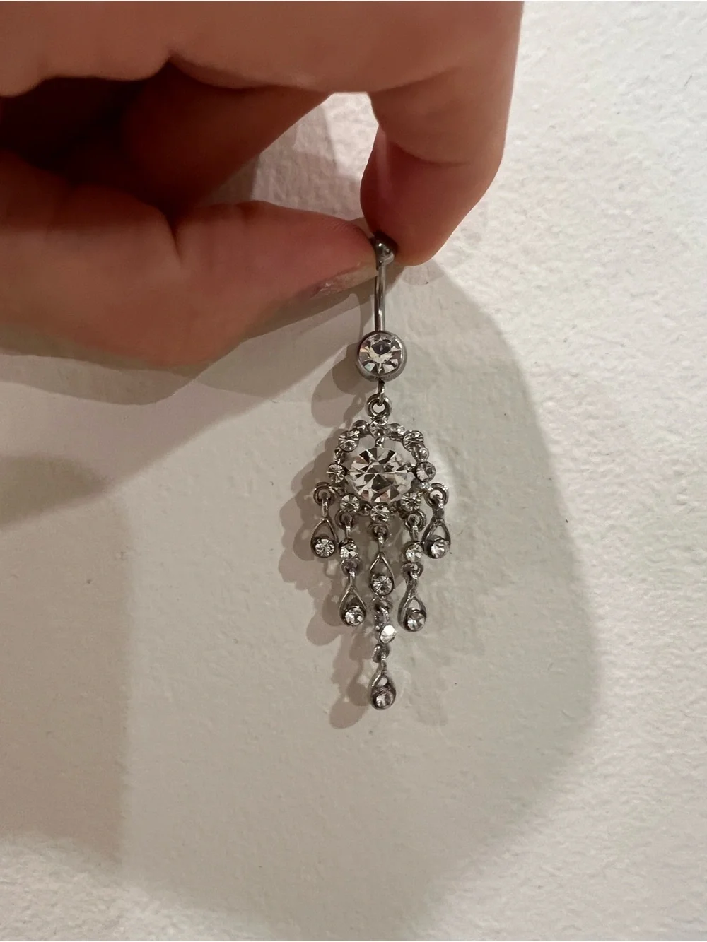 Silver Crystal Dangle Belly Button Ring - Clear Rhinestones